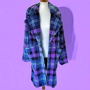 Women's Plaid Purple Blue Plush Faux Fur Trench Coat Jacket Sz M/L Medium Large